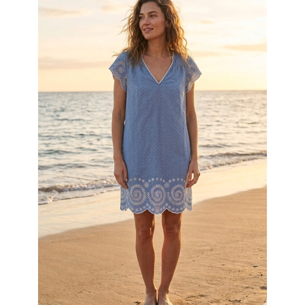 Faherty Blue Dobby Cotton Eyelet Embroidery‎ Shift Dress Boho Coastal Small